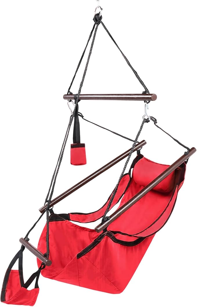 ONCLOUD Hammock Chair Hanging Swing Seat Air Deluxe Rope Through Beech Wood Bars, Drink Holder & Fuller Pillow Safer Relax for Indoor Outdoor 250Lbs, Red