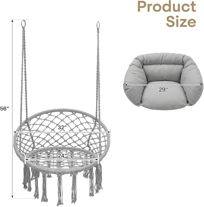 Athena Collection Hammock Chair Hanging Swing Chair with Large Thick Cushions, Outdoor Hanging Chair with Macrame Cotton Rope for Indoor, Outdoor, Bedroom, Balcony, Holds 350 Lbs, Grey