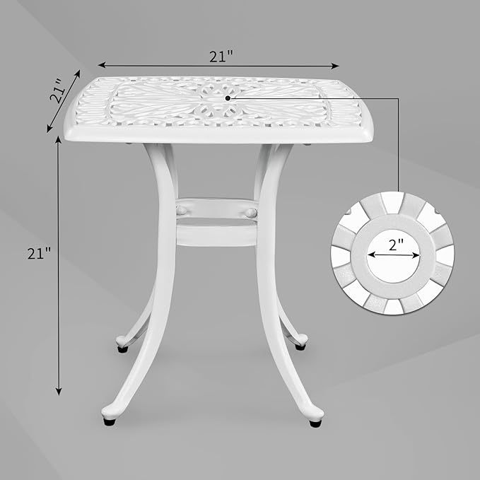 VINGLI 21” Cast Aluminum Outdoor Side Table with 1.6” Umbrella Hole, All Weather Square Patio Coffee Table Bistro Table End Table for Yard Porch Poolside(White)…