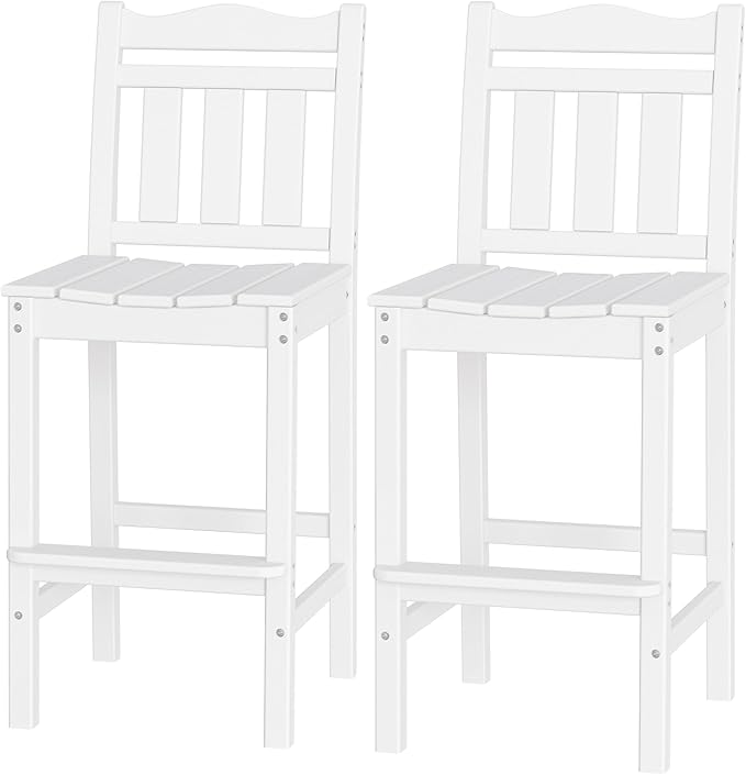 nalone Outdoor Bar Stools Set of 2, HDPE Tall Adirondack Chairs Bar Chairs, Weather Resistance Bar Height Chair for Balcony, Garden, Yard, Backyard (White, Bar Chairs Set of 2)