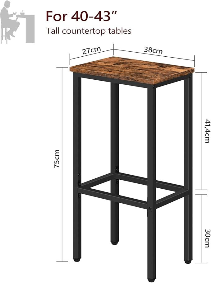 Set of 2 Bar Stools, 29.5" Tall Counter Bar Stools, Kitchen Breakfast Bar Chairs with Footrest, Rectangular Industrial Bar Chairs, for Dining Room, Rustic Brown and Black BAHR01701