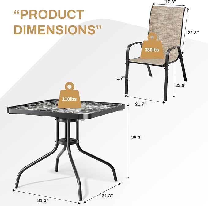 Arlopu 5 Piece Outdoor Patio Dining Set (Umbrella not Included), Porch Furniture with 4 Textline Chairs, 1 Square Glass Table for Garden, Backyard and Poolside, Lawn (Browm)