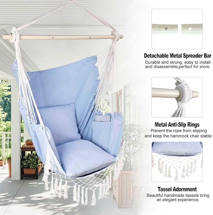 Hammock Chair Hanging Rope Swing Chair,Max 450 Lbs, Large Hanging Chair with Pocket, 2 Cushions, Steel Bar with Anti-Slip Rings, Hardware Kit Included, Comfortable for Indoor Outdoor (Blue)