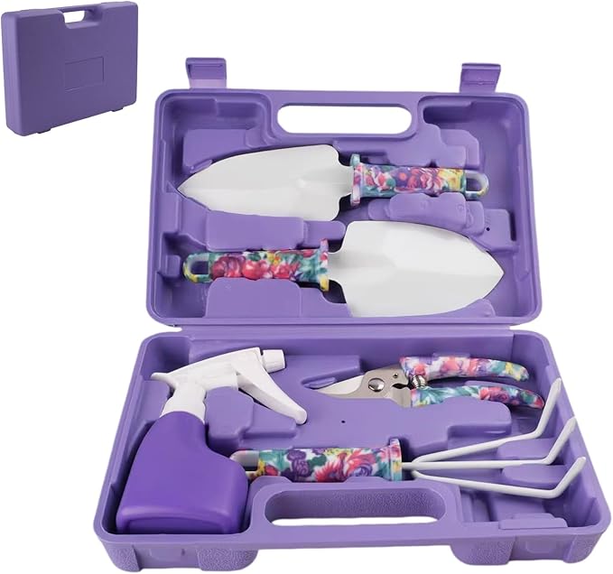 5 Pieces Garden Tools Set with Floral Print, Essential Gardening Kit Includes Trowels, Rake, Pruner, Spray Bottle & Carrying Case, Lightweight Hand Tools Gift for Women & Beginner Gardeners