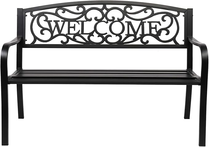 VINGLI Outdoor Bench with PVC Welcome Back Pattern, Rust-Resistant Metal Black Garden Bench, Porch Steel Bench for Patio, Porch, Park, Lawn Decor