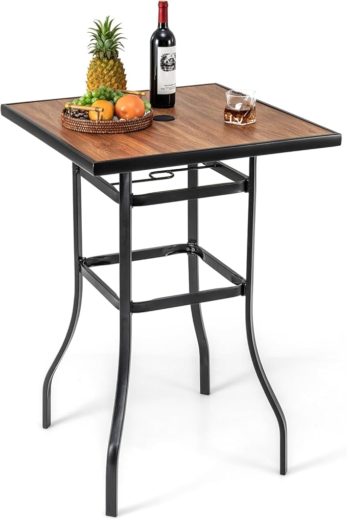 Tangkula 27.5 Inch Patio Bar Table, Outdoor Bar Height Table with 1.5" Umbrella Hole, Wooden-Like Tabletop & Heavy-Duty Metal Frame, Square Bistro High Top Table for Backyard, Balcony, Poolside