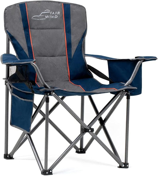 FAIR WIND Heavy Duty Camping Chair, Oversized Padded Folding Chair for Big and Tall (450lbs), Extra Wide Seat with Integrated Cooler & Storage Pocket, Adjustable Lumbar Support for Outdoor