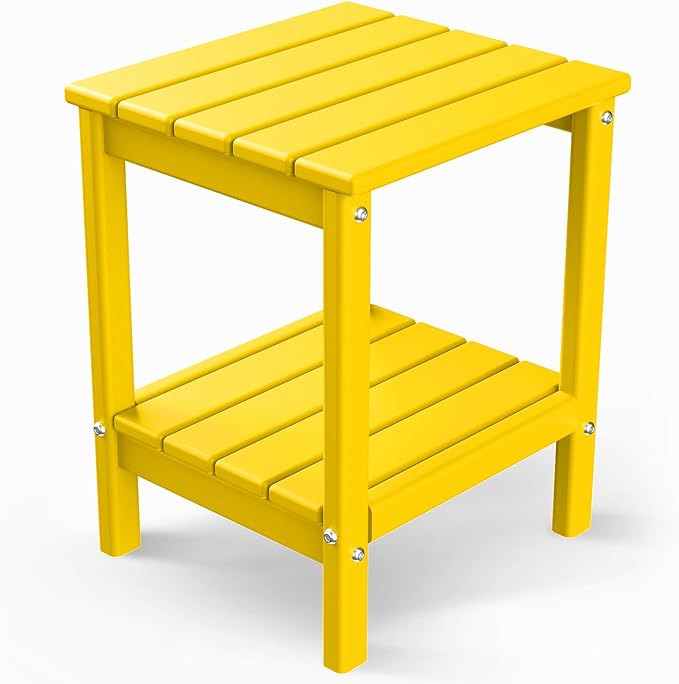 GREENVINES Adirondack-Outdoor-Side-Table | 14 x 13 Inches | HDPE Plastic | All Weather | Yellow | Outside End Tables | Storage Shelf | for Patio Porch Backyard Indoor