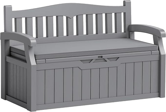 Flamaker 80 Gallon Storage Bench with Cushions Outdoor Indoor, Durable All-Weather Seating with Hidden Storage, Lockable Deck Box for Garden, Patio, Poolside (Grey)