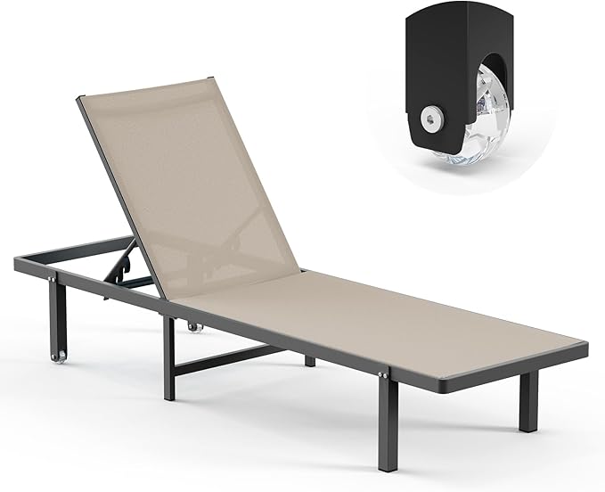 Lounge Chair Outdoor with Wheels, Aluminum Patio Chaise Lounge Chair with 5 Adjustable Backrest - Easy to Move- Pool Lounge Chairs for Deck, Beach, Poolside （Khaki