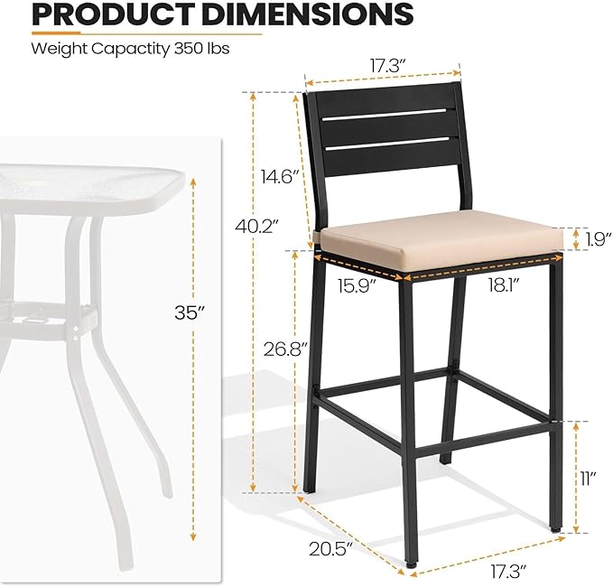 Crestlive Products Outdoor Bar Stools Set of 4, Patio Counter Height Barstools with Cushions, Tall Chairs with Back and Footrest for Deck, Lawn, Garden, Backyard, Poolside, Or Indoor Use (Beige)
