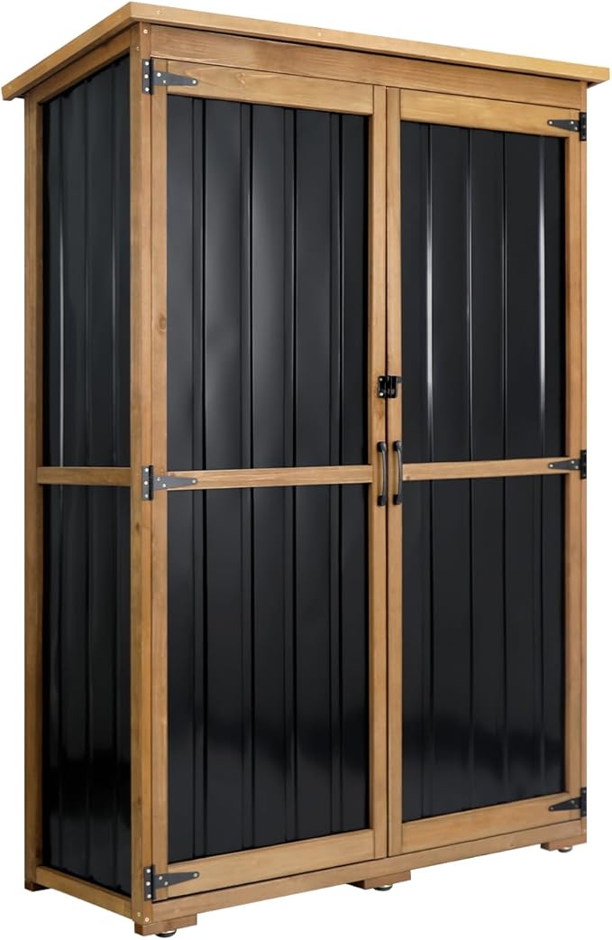 Outdoor Storage Cabinet Waterproof with Shelves, Outdoor Storage Shed Garage Cabinet Weatherproof, Wood & Metal Outside Patio Backyard Garden Pool Storage Tool Organizer