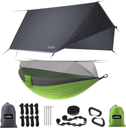 Sunyear Camping Hammock, Portable Single & Double Hammock with Net, 2 Person Hammock Tent with 2 * 10ft Straps, Best for Outdoor Hiking Survival Travel
