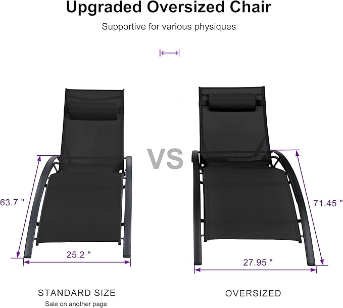 PURPLE LEAF Patio Oversized Chaise Lounge Chair Set with Side Table Pool Adjustable Recliner Chairs for Outside Outdoor Sunbathing Tanning Poolside Lounger