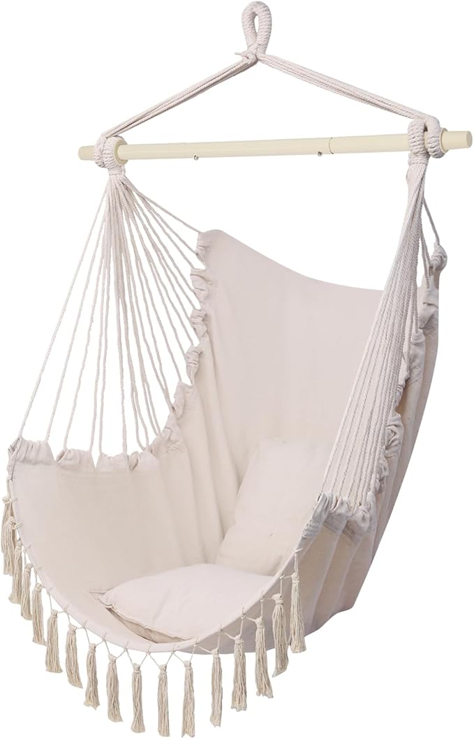 ONCLOUD Hammock Chair Hanging Rope Swing, Load Capacity Up to 550 LBS Macrame Hammock Swing Seat with Two Cushions, Hammock Seats with Portable Steel Spreader Bar for Indoor/Outdoor, Beige