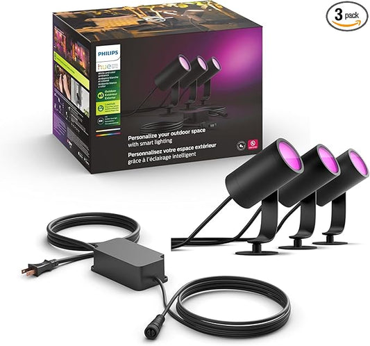 Philips Hue Lily Outdoor Smart Spotlight Base Kit, 3 Pack, White and Color Ambiance LED Walkway Lights, Low Voltage Landscape Lighting, Requires Bridge, Control with App & Voice, Weatherproof