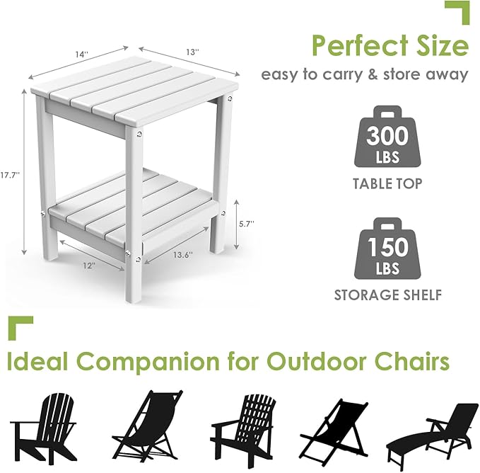 GREENVINES Adirondack-Outdoor-Side-Table | Set of 4 | 14 x 13 Inches | HDPE Plastic | All Weather | White | Outside End Tables | Storage Shelf | for Patio Porch Backyard Indoor