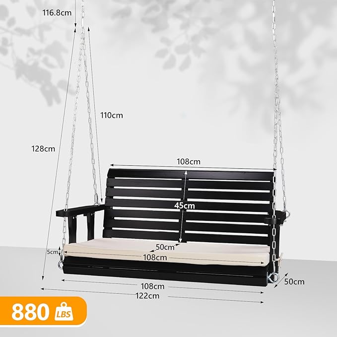 VINGLI Wooden Porch Swing, Heavy Duty 880 LBS Hanging Patio Bench with Extra Cushion for Lawn| Garden| Courtyard (Black, 4 feet)