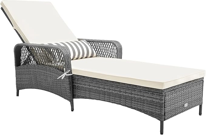 Tangkula Wicker Chaise Lounge Outdoor, Patio Rattan Reclining Chaise with 6-Gear Adjustable Backrest, Thick Padded Cushion & Removable Lumbar Pillow, Pool Lounge Chairs for Outside Balcony Backyard