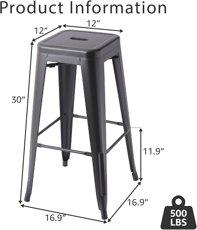 Stackable Metal Bar Stool Backless Indoor-Outdoor Counter Stools Fullmetal Dinning Chairs Set of 4 (Black, 30 Inch)