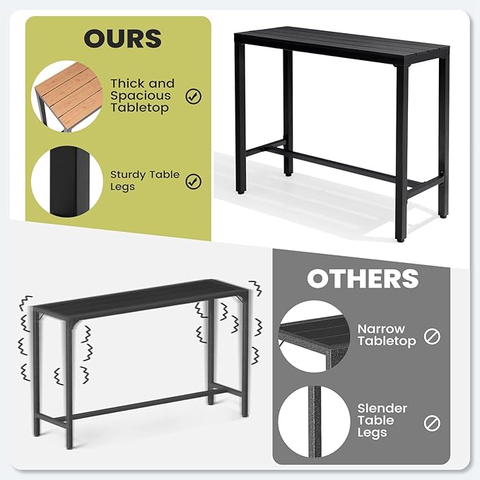 Crestlive Products Outdoor Bar Table and Chairs Set, 3 Piece Outside Patio Bar Set with 43" Long Bar Table and 2 Bar Stools for Balcony, Bistro, Garden, Backyard(Black Desktop and Beige Cushion)