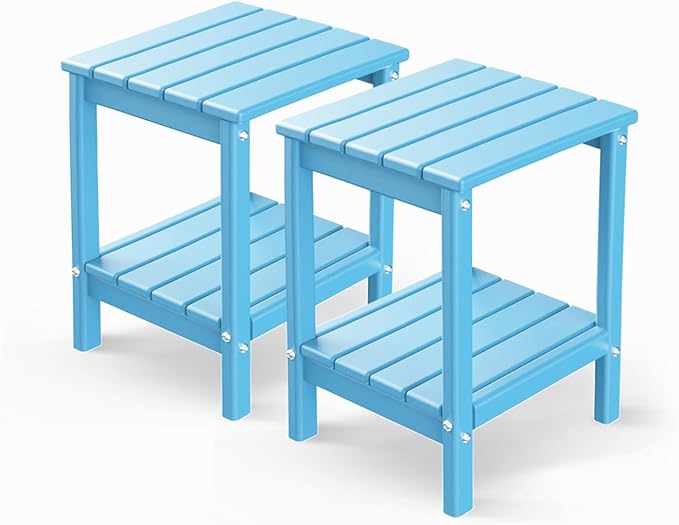 GREENVINES Adirondack-Outdoor-Side-Table | Set of 2 | 14 x 13 Inches | HDPE Plastic | All Weather | Arctic | Outside End Tables | Storage Shelf | for Patio Porch Backyard Indoor