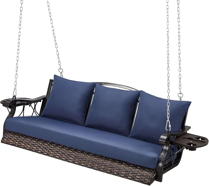 3-Person Wicker Porch Swing Chair Heavy Duty 900 LBS Outdoor Rattan Patio Swing Chair w/Cup-Holder & Steel Chains Hanging Bench Porch Swing Cushions for Deck & Backyard & Garden