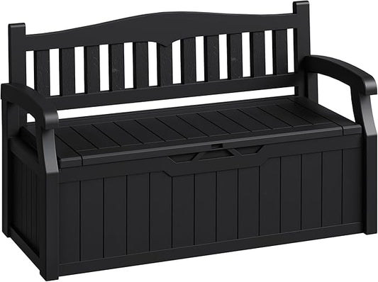 80-Gallon Outdoor Storage Bench, Waterproof Deck Box with Lockable Lid, Dark Black