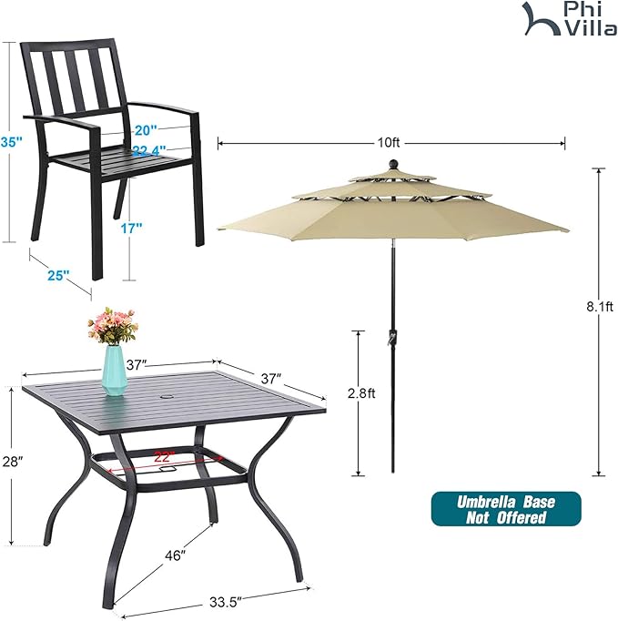 PHI VILLA 5 Piece Outdoor Dining Set with 10ft Umbrella, 37" Square Metal Dining Table & 4 Stacking Metal Chair with 3 Tier Beige Umbrella for Patio, Deck, Yard, Porch
