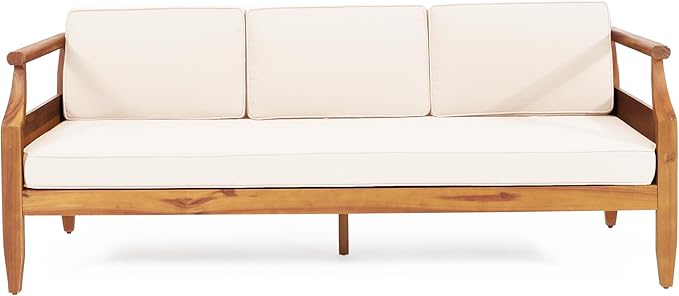 Christopher Knight Home Aston Outdoor 3 Seater Sofa, Upholstered Cushion Couch, Acacia Wood Bench Sofa, Slat Armchair, 73.25" W Spacious Seating Bench Couch for Gardern Porch Balcony, Teak+Beige