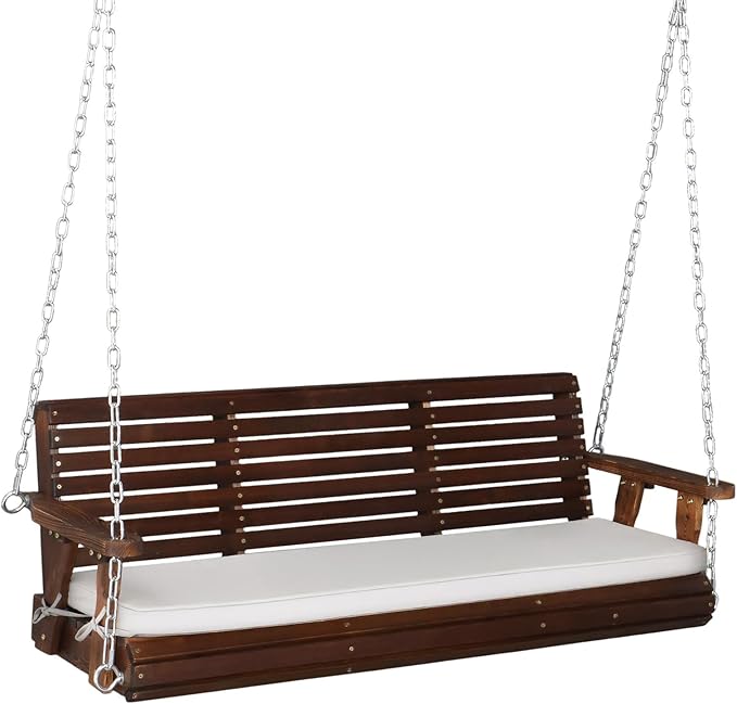 VINGLI Wooden Porch Swing, Heavy Duty 880 LBS Hanging Patio Bench with Extra Cushion for Lawn| Garden| Courtyard (Rustic, 5 feet)