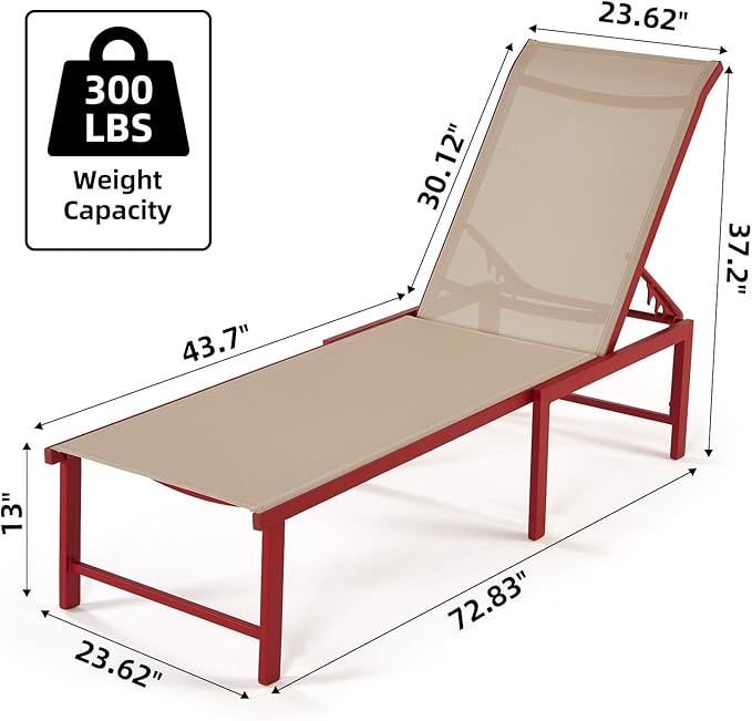Outdoor Pool Lounge Chairs, 2 pcs Patio Aluminum Chaise Lounge, Five-Position Recliner Loungers for Poolside Yard Balcony Deck Beach (Red)