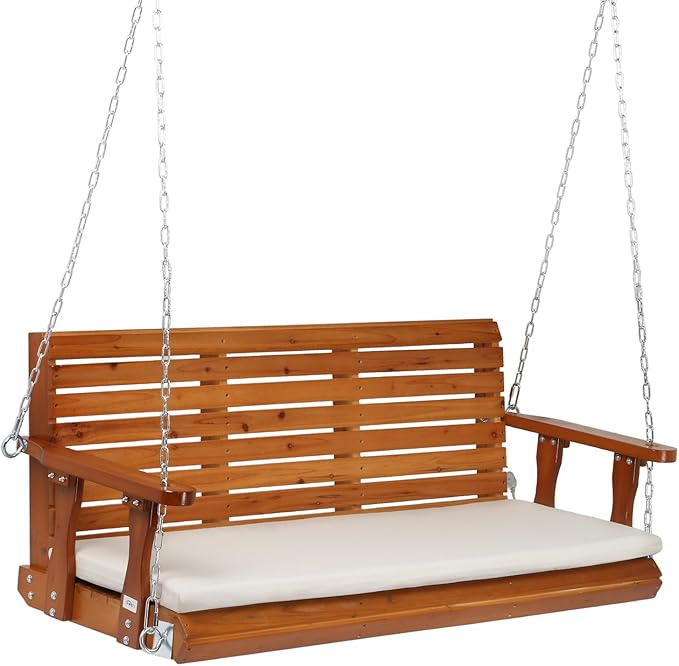 VINGLI Wooden Porch Swing, Heavy Duty 880 LBS Hanging Patio Bench with Extra Cushion for Lawn| Garden| Courtyard (Brown, 5 feet)