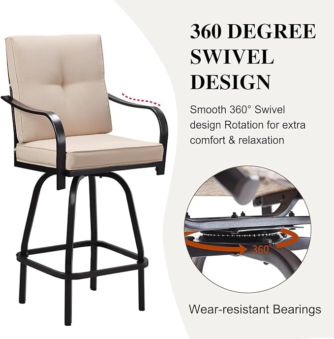 Patio Swivel Bar Stools, Outdoor Bar Height Swivel Chairs Set of 2 with Cushion & All Weather Steel Frame for Backyard, Lawn, Poolside and Balcony, Beige