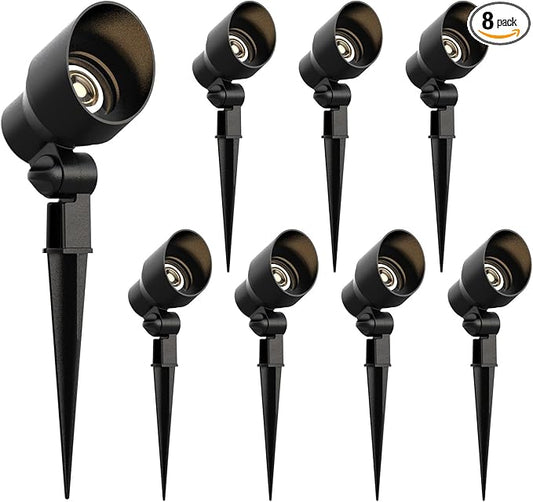 Malibu 8 Pack Low Voltage Spotlights Outdoor Landscape Lighting 20W 145 Lumens Halogen Flood Light 2800K with Plastic Spike and Connector for Garden Pathway Driveway 8301-9604-08