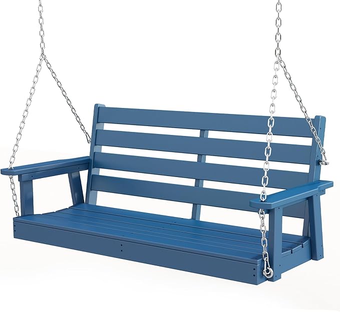 GREENVINES Porch Swing | 51’’ | HDPE Plastic | for Outdoor Patio | All Weather | Waterproof Bench Swings | w/ 4 Stainless Steel Chains | Blue