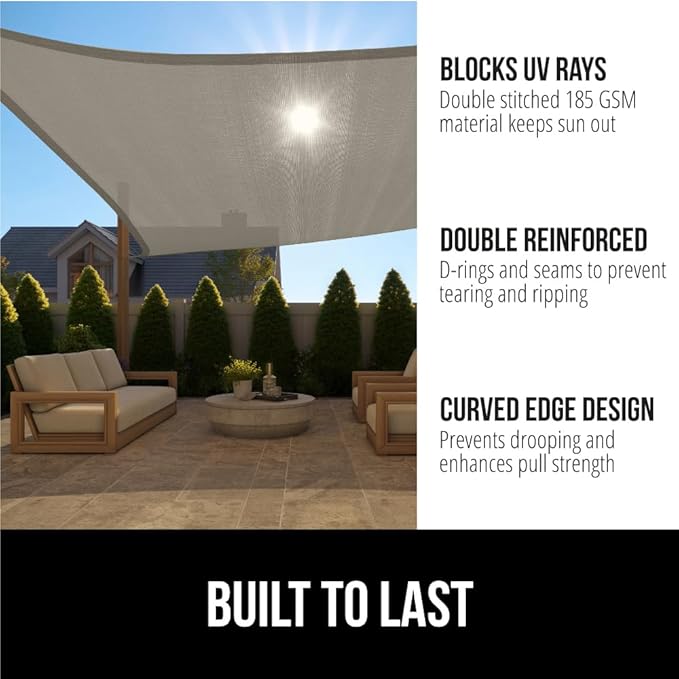 GORILLA GRIP Heavy Duty Sun Shade, UV Protection Fade Tear and Rust Resistant Rectangle Sunshade Canopy, Curved Edges Blocks Sunlight, Breathable Sail, Outdoor Patio, Lawn Garden 10x10 FT Gray