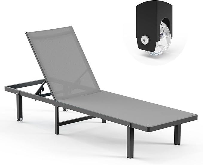 Lounge Chair Outdoor with Wheels, Aluminum Chaise Lounge Outdoor Chair with 5 Adjustable Backrest - Easy to Move- Pool Lounge Chairs for Patio, Poolside, Darkgray