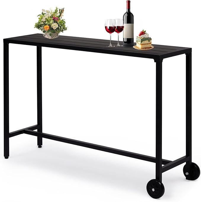 Outvita Outdoor Bar Table, 37" Height Wheeled Patio Pub Table with Waterproof Frame and Adjustable Foot for Hot Tub, Patio, Backyard, Balcony, Hallway, Bistro Rectangle, Black