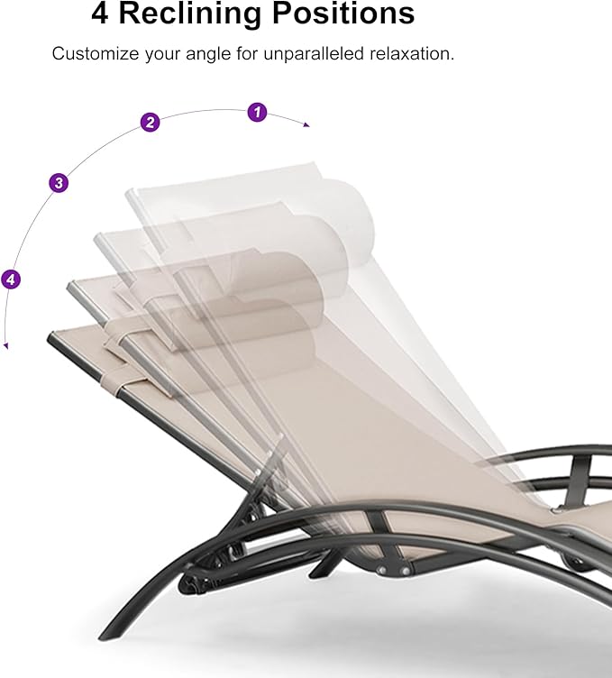 PURPLE LEAF Patio Chaise Lounge Set of 3 Outdoor Lounge Chair Beach Pool Sunbathing Lawn Lounger Recliner Chiar Outside Tanning Chairs with Arm for All Weather, Side Table Included, Beige