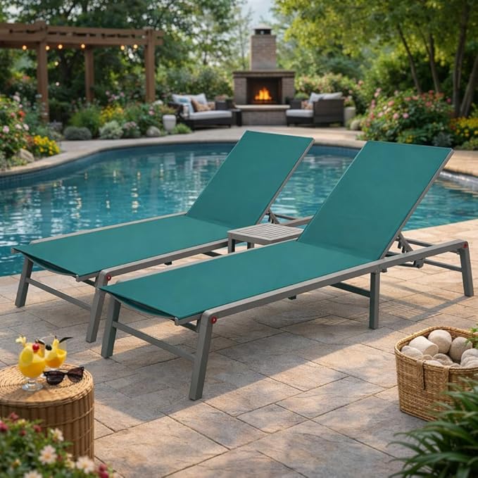 Kozyard 3-Pieces Patio Lounge Set, 2 Foldable Adjustable Lounge Chairs and Side Table, Aluminum Frame, Breathable Textilene Fabric, Assemble-Free, Reclining to Flat for Pool, Beach (MintGreen)
