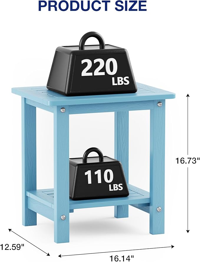 YEFU Outdoor Side Table for Patio: 16" HIPS Weather - Resistant Adirondack Tables Set of 2 - Small Square End Tables for Backyard Pool Porch Balcony - Indoor Outdoor Double Layer Table Blue