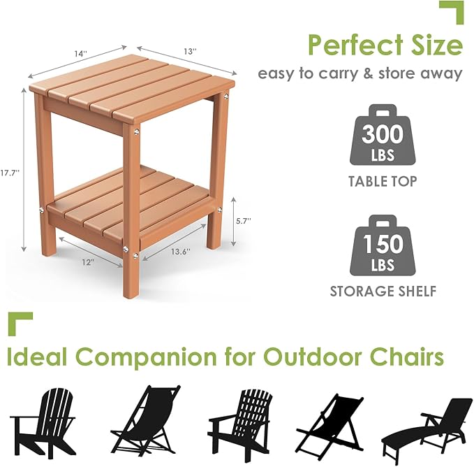 GREENVINES Adirondack-Outdoor-Side-Table | Set of 4 | 14 x 13 Inches | HDPE Plastic | All Weather | Teak | Outside End Tables | Storage Shelf | for Patio Porch Backyard Indoor