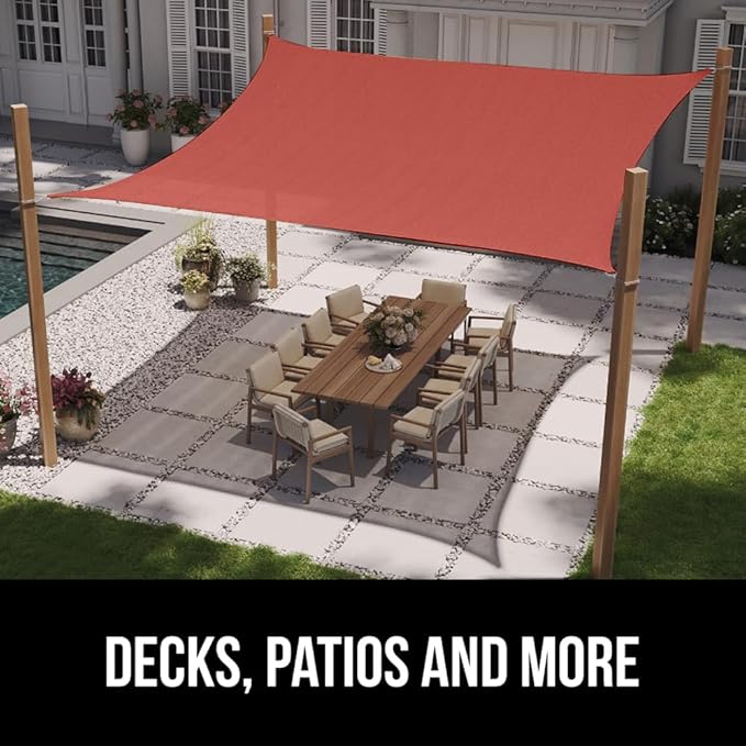 GORILLA GRIP Heavy Duty Sun Shade, UV Protection Fade Tear and Rust Resistant Rectangle Sunshade Canopy, Curved Edges Blocks Sunlight, Breathable Sail, Outdoor Patio, Lawn Garden 10x10 FT Terra