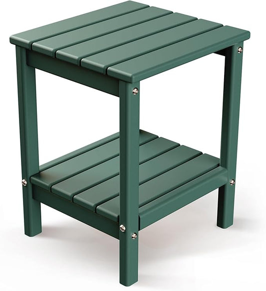 GREENVINES Adirondack-Outdoor-Side-Table | 14 x 13 Inches | HDPE Plastic | All Weather | Forest Green | Outside End Tables | Storage Shelf | for Patio Porch Backyard Indoor