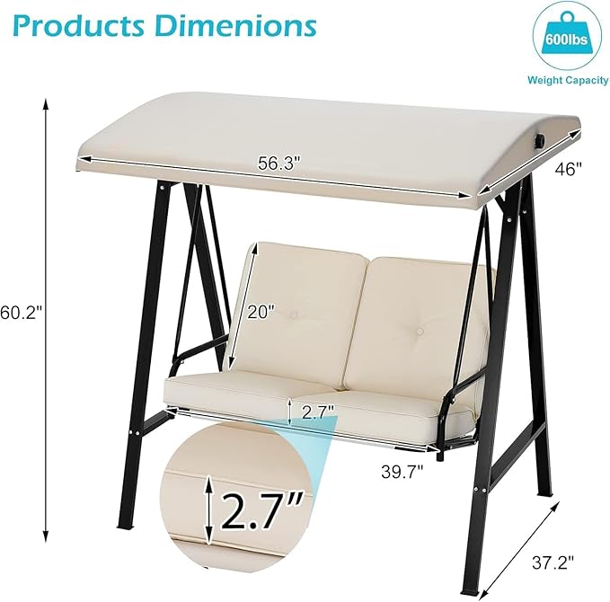 AECOJOY 2-Seat Outdoor Patio Swing Chair with Cover, Porch Swings Chairs for Adult, Outside Swing Bench with Adjustable Canopy&Removable Cushion, Beige
