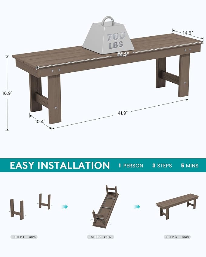 SERWALL 2-Person Outdoor Bench Backless, HDPE Outdoor Benches Weatherproof, 700 Lbs Weight Capacity, Poly Lumber Patio Furniture for Garden, Porch and Park, Coffee