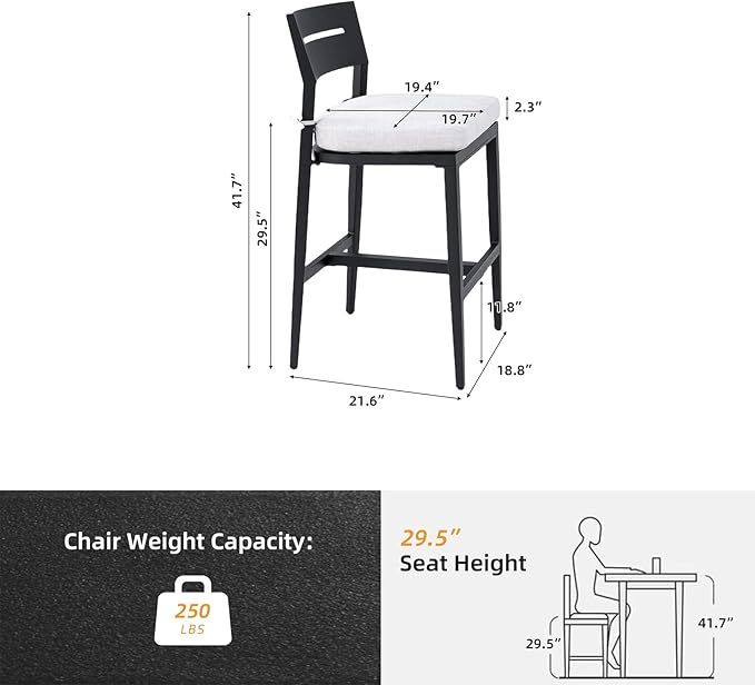 Modern Outdoor Bar Stools Set of 2 Aluminum Tall Patio Chairs with Ergonomic Backrest with Sunbrella Fabric Cushion Weather-Resistant Frame for Garden Poolside