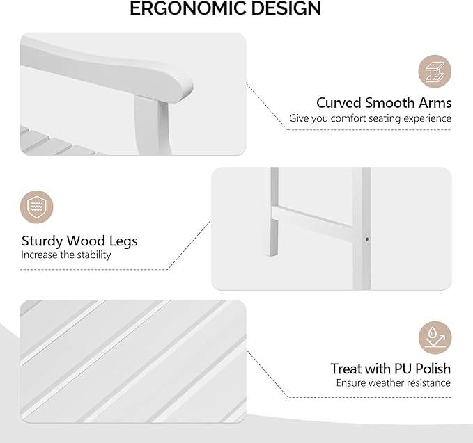VINGLI 50" Outdoor Wood Bench, Weatehr Resistant Wooden Garden Patio Bench with Comfortable Backrest & Curved Armrest, 800lb Capacity Loveseat for Front Porch Park Yard Deck (White, Geometric)