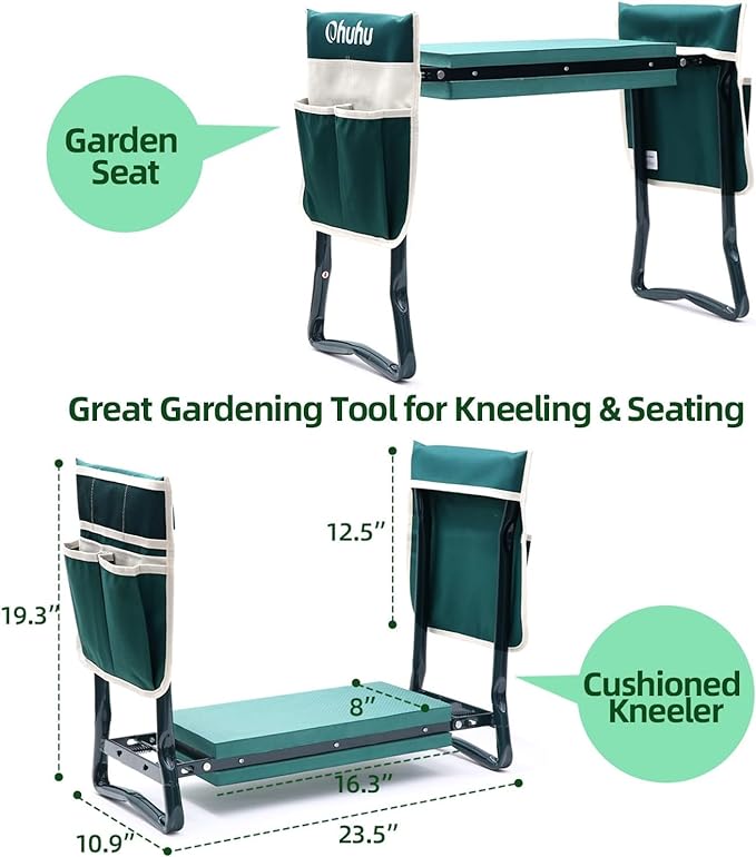 Ohuhu Garden Kneeler and Seat Heavy Duty, Upgraded Gardening Stool with Thicker and Wider EVA Foam Kneeling Pad Foldable Garden Bench with 2 Large Tools Pouches, Christmas Gardening Gifts for Seniors